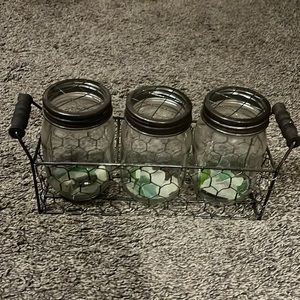 Antique wire jar holder, wood handles with 3 jars with lids with wire lids.